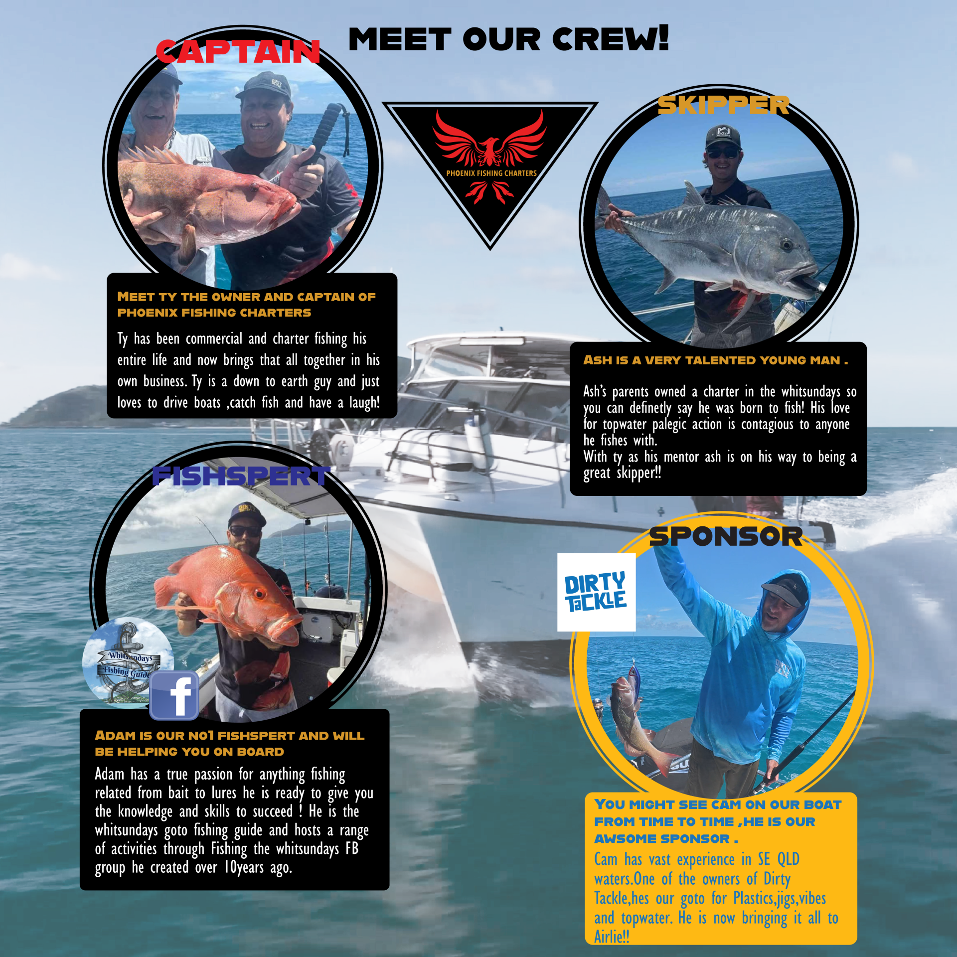 MEET CREW FACOOK-01 Fishing crew profiles around a boat with fish and logos.